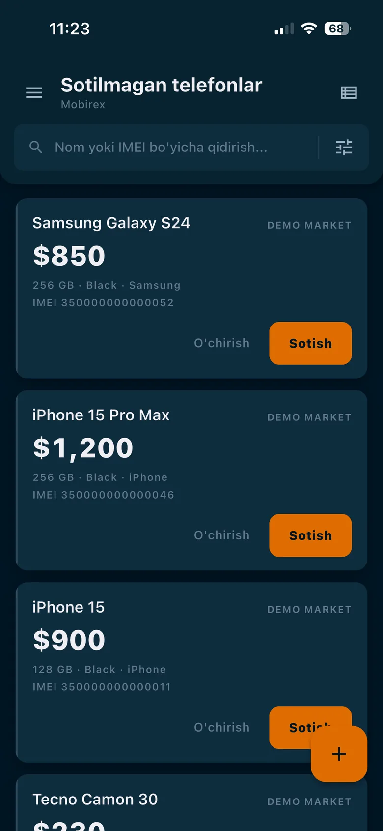 Mobirex ilovasida sotilmagan telefonlar ro'yxati — model, narx, xotira va IMEI