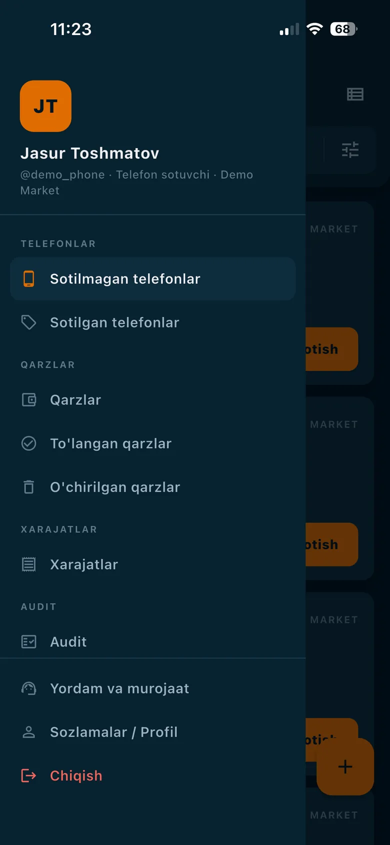 Mobirex ilova menyusi — telefonlar, qarzlar, xarajatlar va audit bo'limlari