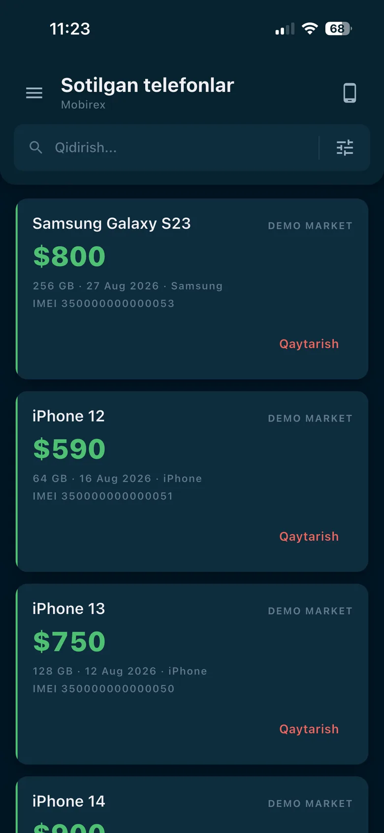Mobirex ilovasida sotilgan telefonlar ro'yxati va qaytarish tugmasi