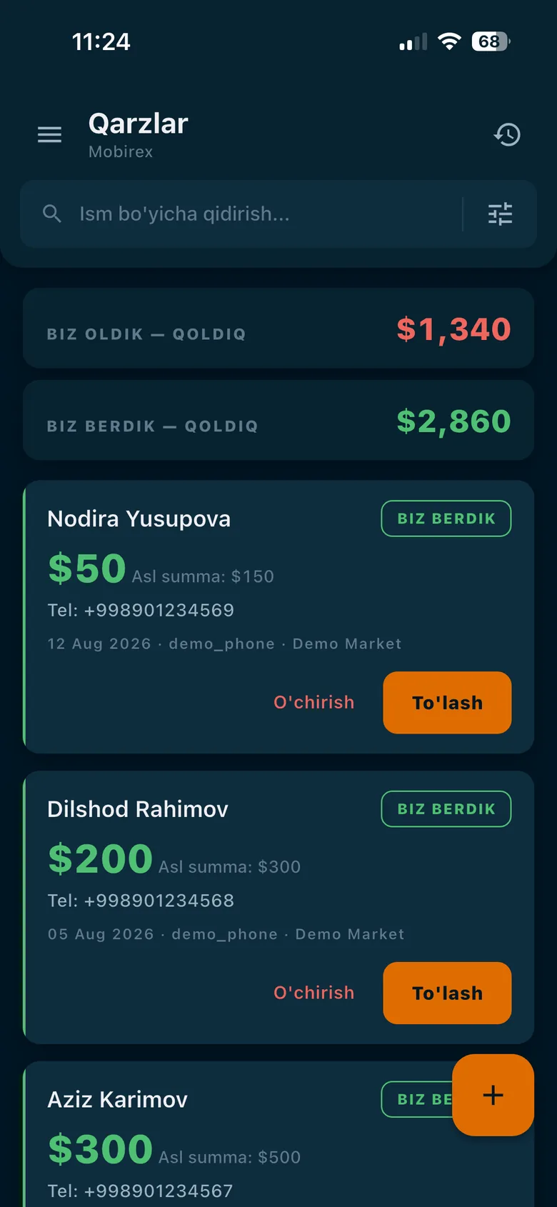 Mobirex ilovasida mijoz qarzlari — biz oldik va biz berdik yo'nalishlari