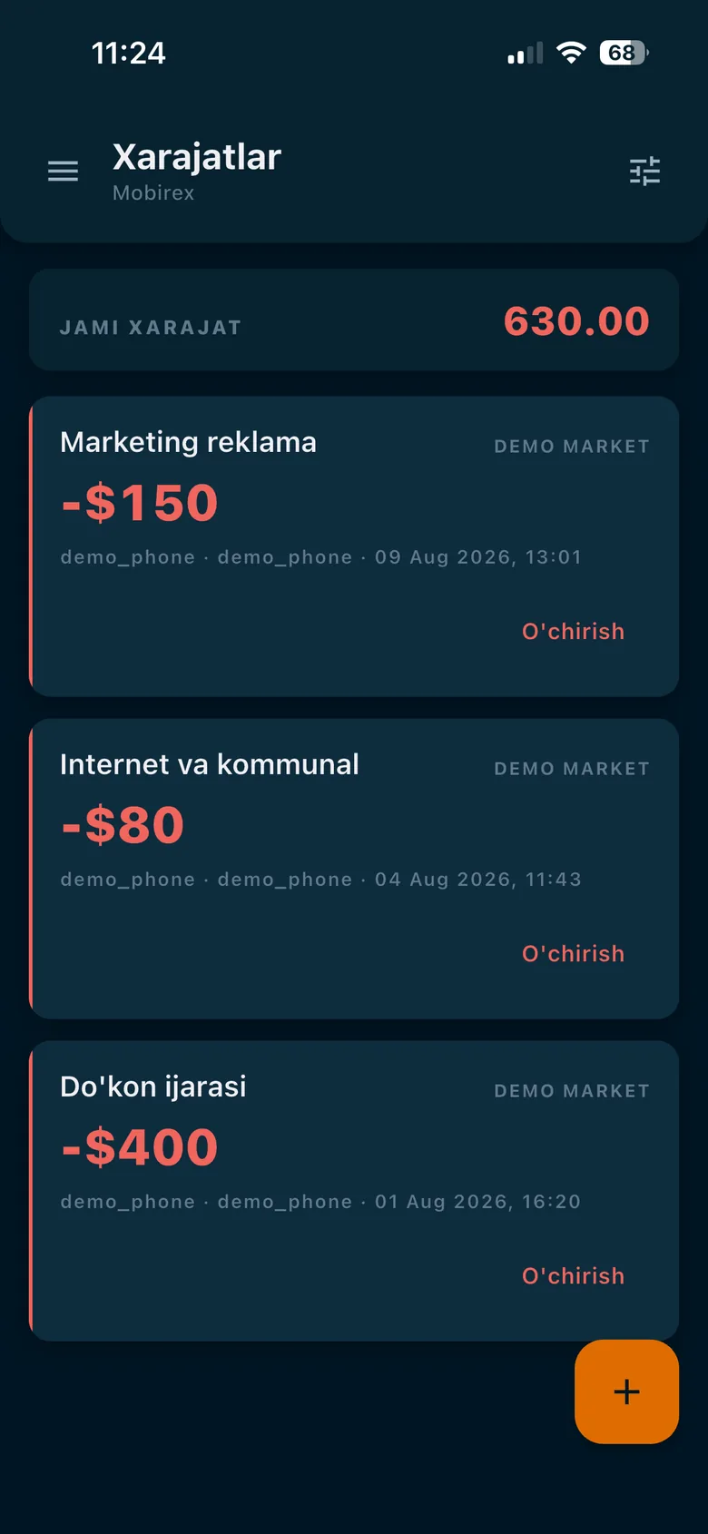 Mobirex ilovasida do'kon xarajatlari ro'yxati va jami summa
